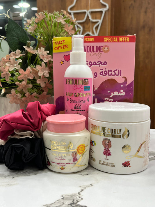 Penduline curly hair set ( penduline curly hair growth stimulator+ penduline curly hair mask + penduline curly hair cream with Shea butter+ 3 satin scrunchies ) special offer